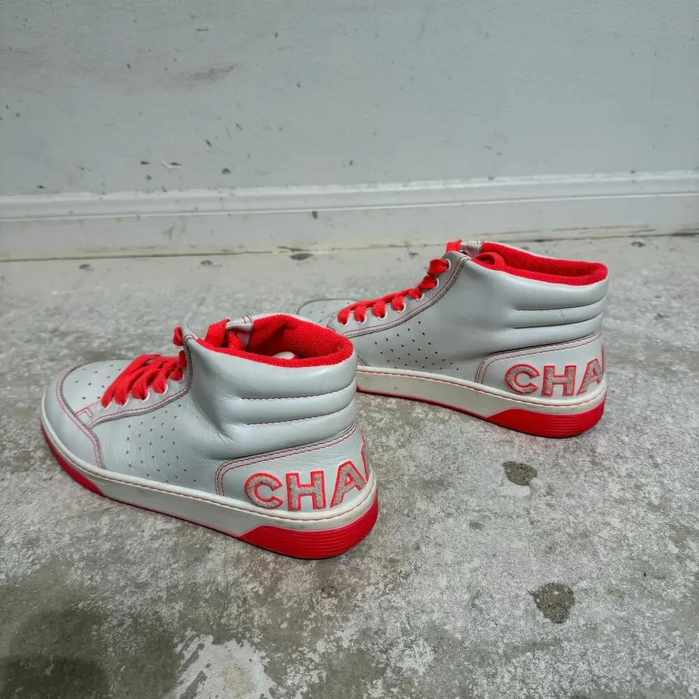Chanel White Neon Coral Leather High Top Sneakers Sz 42